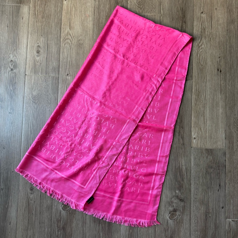 BVLGARI Logomania Silk Wool Stole – Hot Pink – Made in Italy – $540 Retail